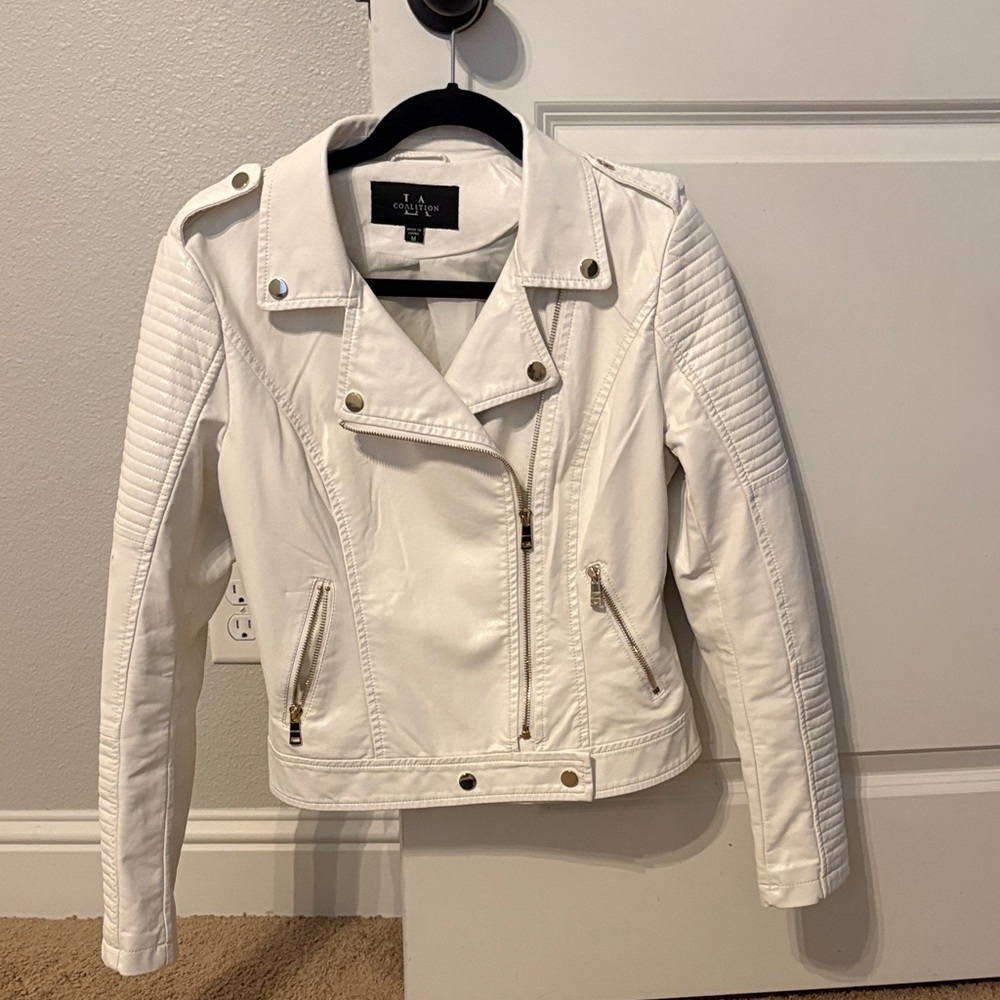 Coalition White vegan Leather Jacket with Quilted Details